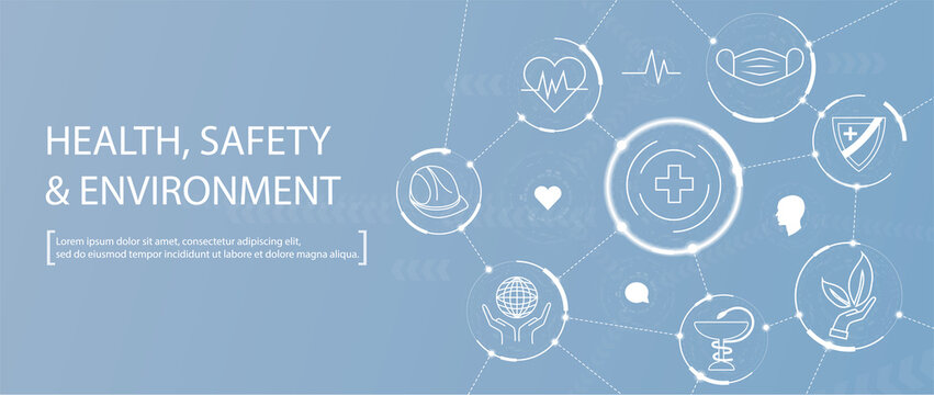 Health Safety Environment Icon Set and Web Header Banner. HSE. Abbreviation for health and environmental protection. Concept vector illustration banner with icons. HSE Icon Set.