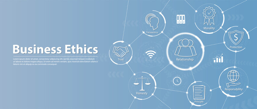 Business ethics web banner icons set - honesty, integrity, commitment and decision. Business Ethics Set with Social Responsibility, Enhanced Corporate Values, Reliability, Disclosure, Trust, Teamwork.