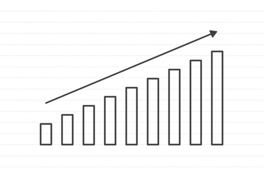 右肩上がりの矢印と棒グラフ - ノートのような罫線入り背景のイラスト - 増える・上昇のイメージ