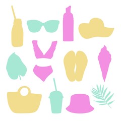 Summer set of bright pictures, bikini, beach bag, panama hat, sunglasses, spf sun protection, leaves, cocktail, flip-flops,hat, ice cream
