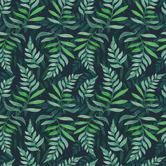 Seamless pattern with emerald Fern on dark background. Watercolor plants. Hand drawn elements for printing on the wallpaper, textile, and fabric
