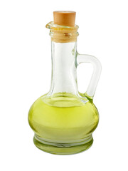 Glass bottle with handle with fresh olive oil.