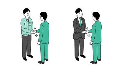 笑顔で握手する中年男性とビジネスマンのイラスト、ベクター
