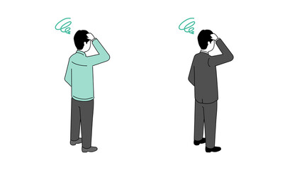 作業着とスーツの悩む中年男性、後ろ姿のイラスト、アイソメトリック、ベクター