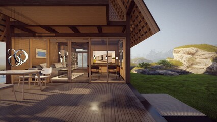 large window in modern wooden house 3d illustration