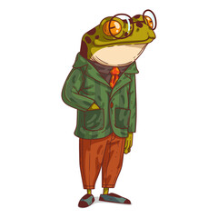 The Expert, isolated vector illustration. Calm trendy dressed anthropomorphic frog wearing spectacles with his hand in the jacket's pocket. Humanized toad. An animal character with a human body.