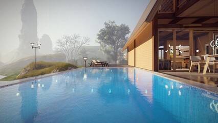 Obraz na płótnie Canvas swimming pool foreground on modern wooden house