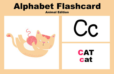 Printable alphabet animal flashcards collection for learning english. Educational game for kindergarten and preschool kids. Cute cartoon characters. Vector illustrations.