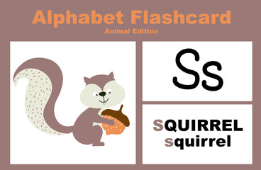 Printable alphabet animal flashcards collection for learning english. Educational game for kindergarten and preschool kids. Cute cartoon characters. Vector illustrations.