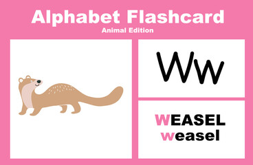 Printable alphabet animal flashcards collection for learning english. Educational game for kindergarten and preschool kids. Cute cartoon characters. Vector illustrations.