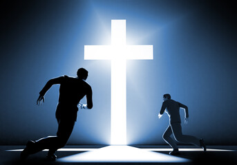 Christian cross. Running men. Catholic cross glows in dark. Christian religion worship concept....