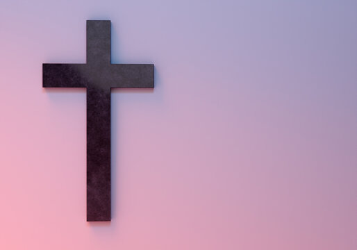 Catholic cross. Christian cross on pink. Place for inscription on theme of religion. Catholic religion. Template for christian banner. Copyspace. Symbol of christian church. 3d rendering.