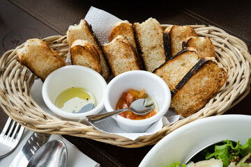 Toasted bread for starter at italian restaurant