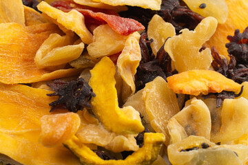 Mix of dried exotic fruit, mangos,slices of pineapples, passion fruit, papaya.