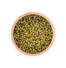 Mung bean seeds in a wooden cup isolated on white background. Top view