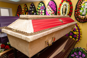 Interior of room with funeral accessories.