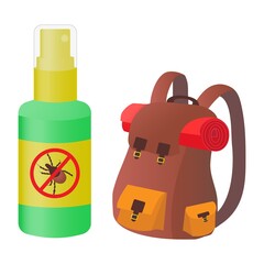 Spray for ticks, an indispensable item on a hike. Vector illustration in cartoon style.