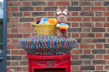 knitted Easter Bunny with eggs post box topper	
