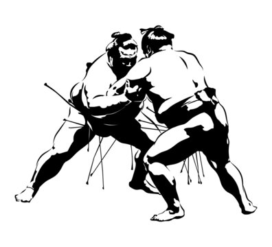Sumo is a Japanese sport. Duel fight male silhouette. Clipart vector illustration