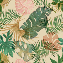 Tropical leaves seamless pattern, hand drawn with watercolor - 506255636