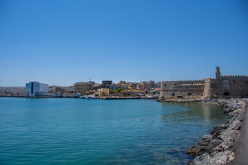 Fototapeta na wymiar The view of the port of Heraklion city with the Koules Fortress