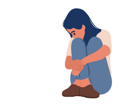 sad woman sitting, hugging knees, blue jeans clip art preview