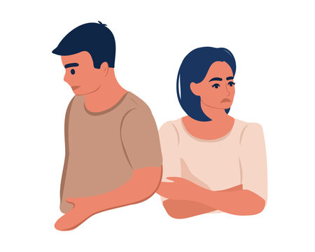 Conflicts between husband and wife disagreement, resentment, divorce or misunderstanding in the family. A man and a woman in a quarrel stand with their backs to each other. Flat vector illustration