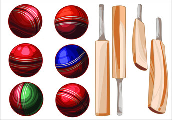 Fototapeta premium Set of hand drawn sport items Cricket balls different colours and bats