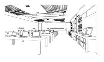 line drawing of computer and gadget shop,Modern design,3d rendering