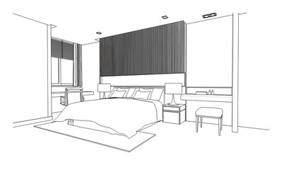 Fototapeta premium line drawing of bedroom,Modern design,3d rendering