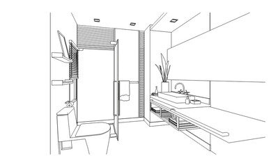 line drawing of bathroom,Modern design,3d rendering