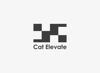 Abstract Cat Elevate Logo. Geometric Shape Cat with Stair Icon Pixel Style. Flat Vector Design Template Element