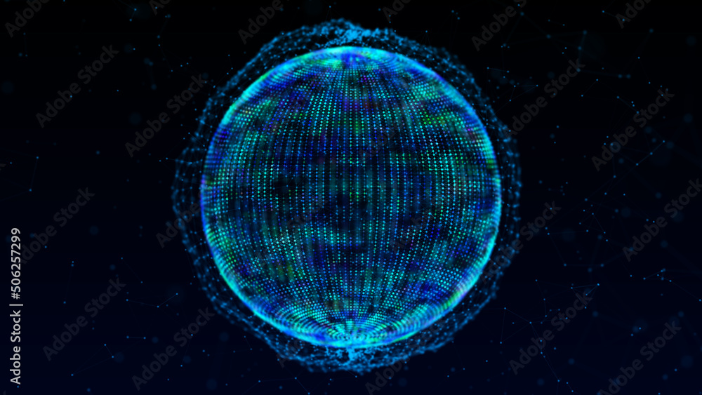 Poster 3d abstract sphere of particles. twisted lines of sphere on dark background. science and technology 