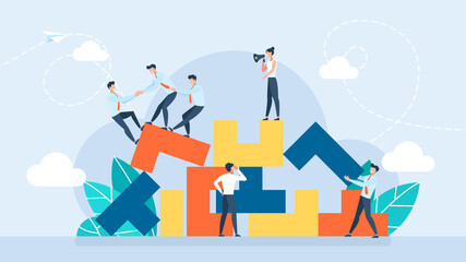 Tiny characters build business blocks. Destroyed structure. Conceptual planning, teamwork, business support, building. Vector illustration for UI, mobile app, web. Flat design vector illustration