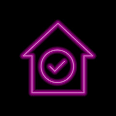 Confirm, agree, house simple icon. Flat desing. Purple neon style on black background.ai