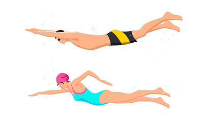 Isolated active healthy strong young man, woman, girl, boy, swimmer swimming pool, glasses, sport suit, competition, training fitness, gym, workout. Freestyle swimming, diving. Vector illustration