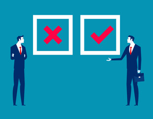 The battle of right and wrong. Business cartoon vector illustration concept