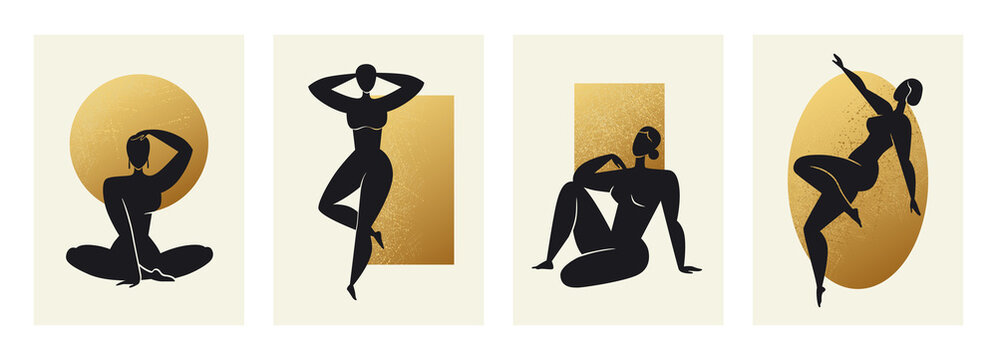 Abstract woman art. Minimal female body with magic boho figures on gold geometric forms background, retro painting of woman silhouettes. Contemporary interior posters, vector outline design