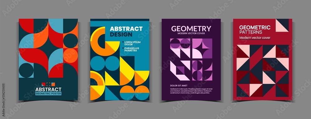 Poster geometric patterns. graphic shape posters with minimal background and bauhaus circles, triangles and