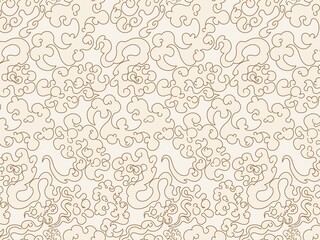 Japanese cloud pattern. Seamless asian background with abstract waves. Beige backdrop, art sky texture curly eastern style. Traditional cloudscape. Decor textile, wrapping paper, vector print