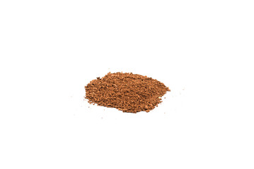 Makeup cosmetics. Eyeshadow in brown color crushed palette, colorful eye shadow powder on white background