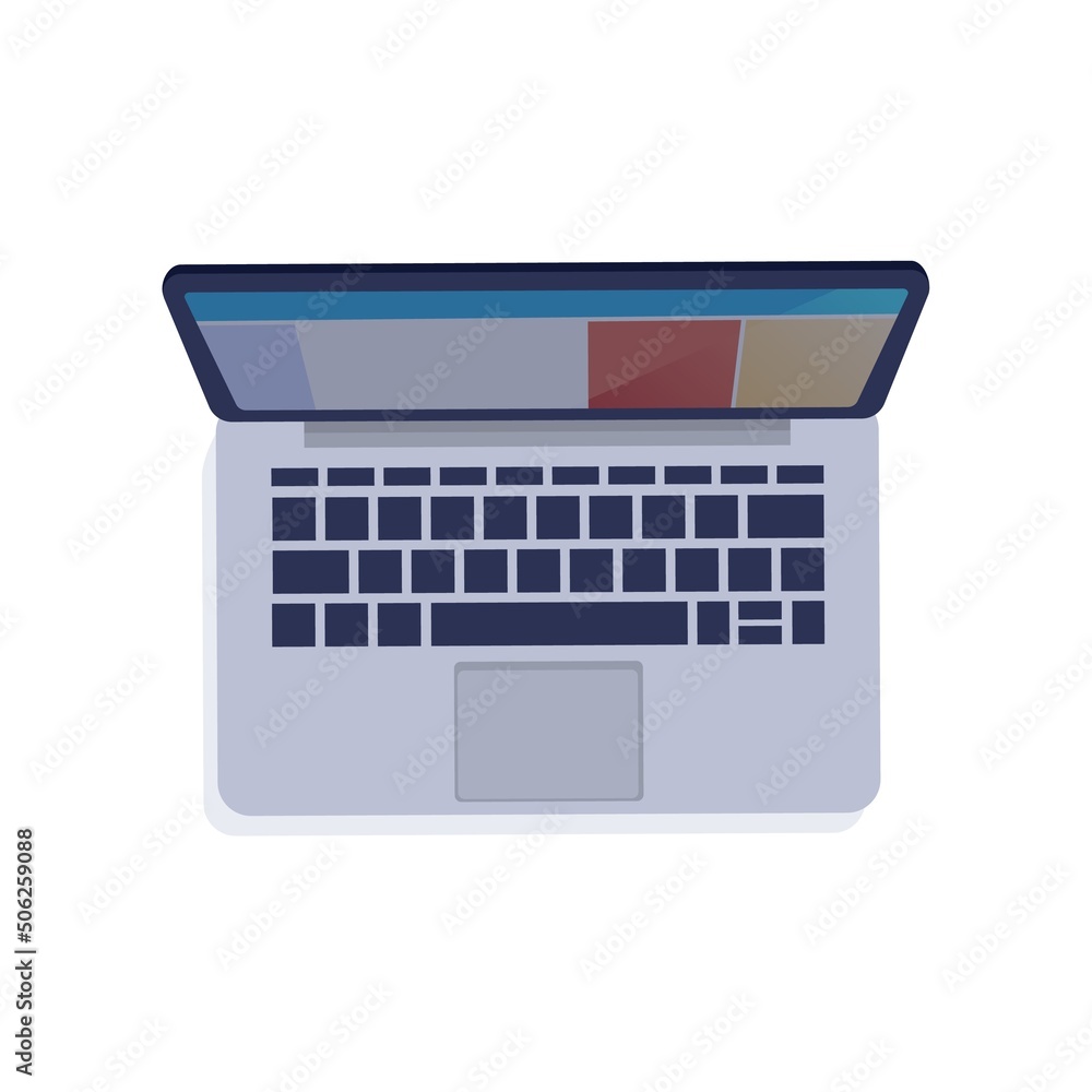 Poster Table top view. Cartoon laptop. Monitor screen. Touchpad and keyboard. Portable wireless personal computer. Office desktop. Working gadget. Digital tablet. Vector electronic device