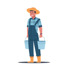 Agricultural work. Farmer characters working in field. Farm worker holding buckets. Man harvesting crops and fruits. Gardening tools. Guy in overalls. Vector gardener carrying pail