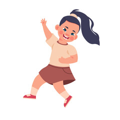 Cartoon happy child. Smiling girl. Young character laughing and jumping. School kids friendship. Positive emotion. Teen playing active game. Person gesture. Vector cheerful teenager