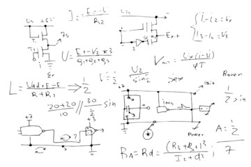radio engineering schemes. electronic formulas and expressions. scientific and educational background. hand-drawn. vector.