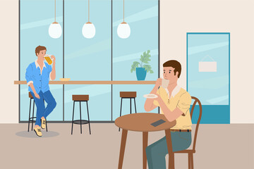 People drink. Men in bar. Cartoon male characters with bottles, coffee cups and beer glasses. Persons sitting at tables in cafe. Pub interior. Alcohol beverages. Vector guys in cafeteria