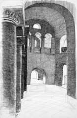 Hand drawn ink and pen interior sketch drawing of ancient orthodox church in Chernihiv