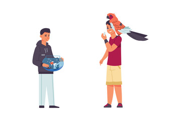 Adopted pets. People taking domestic animals from vet clinics or dog shelters. Man with parrot. Male character holds goldfish aquarium. Boy feeding macaw. Vector bird and fish owners set