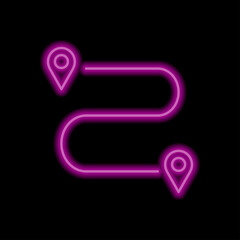 Route icon vector. Flat design. Purple neon style on black background.ai