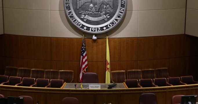 New Mexico State Capital Senate Chambers Zoom. Chambers And Offices Of The New Mexico State Legislature And Governor. Only Round Capitol Building In USA. Polished Marble Columns, Wall, Floor And Stair